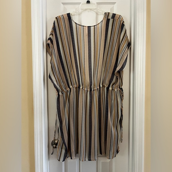 Xhilaration-Denim Blue-Ivory-Golden Stripes Lightly Sheer Open Front Shirt Dress - Picture 5 of 12